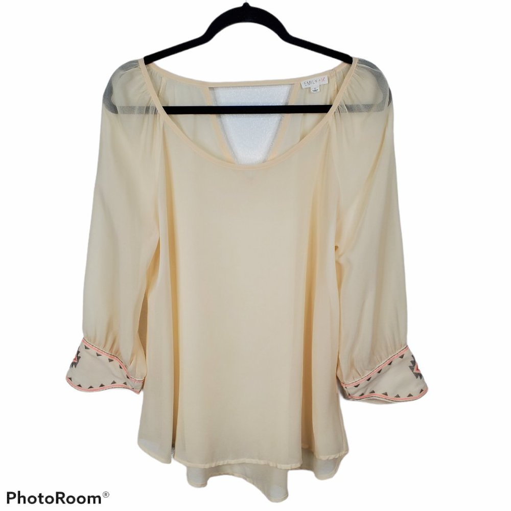 *Emily + M Cream Boho Aztec Embroidered Blouse Coastal Cottage Boho Bohemian